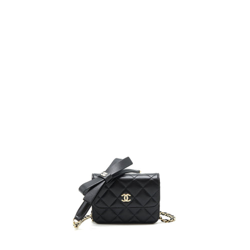 Chanel Mini flap card holder Ribbon Chain Lambskin Black LGHW