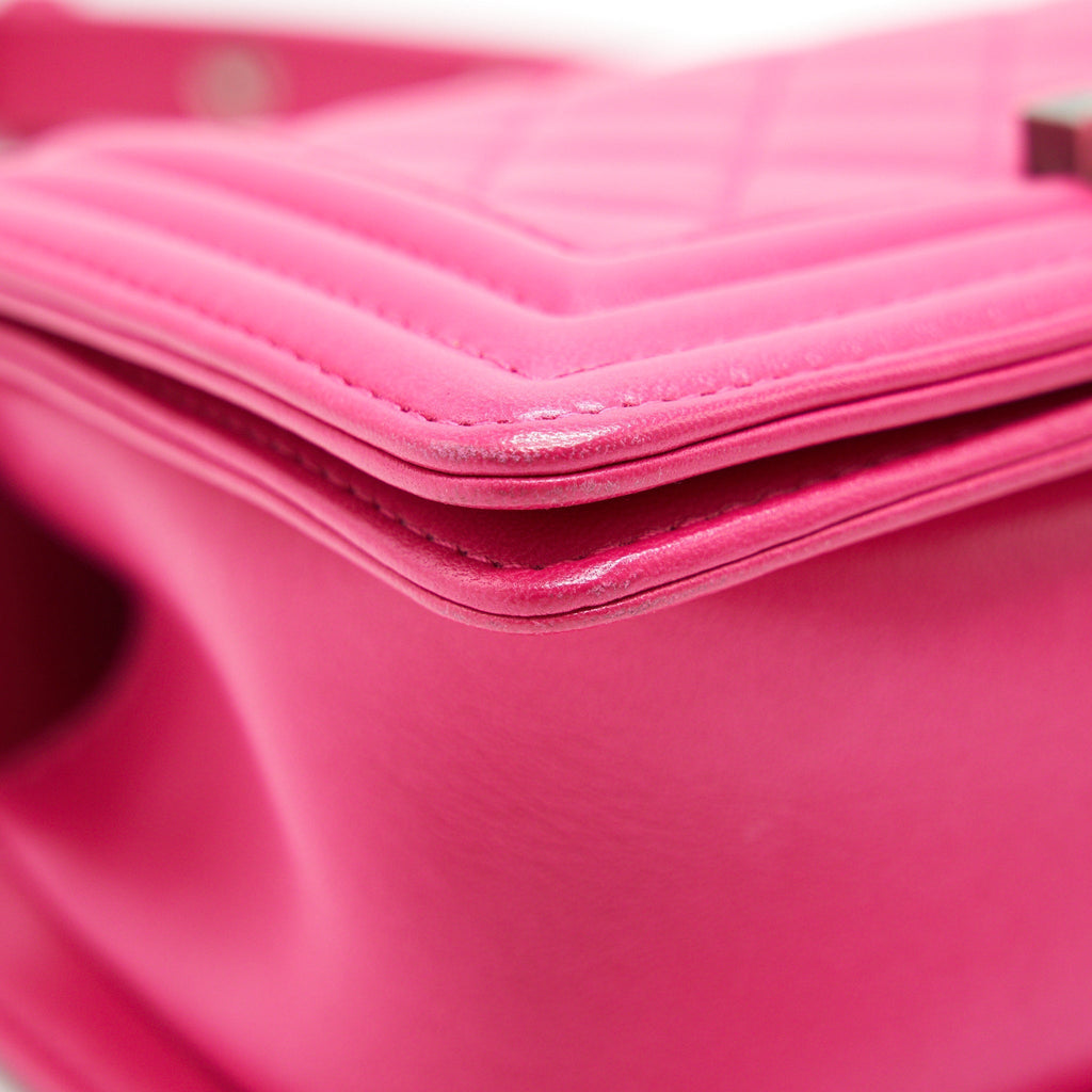 CHANEL SMALL BOY BAG LAMBSKIN RUTHENIUM HARDWARE HOT PINK