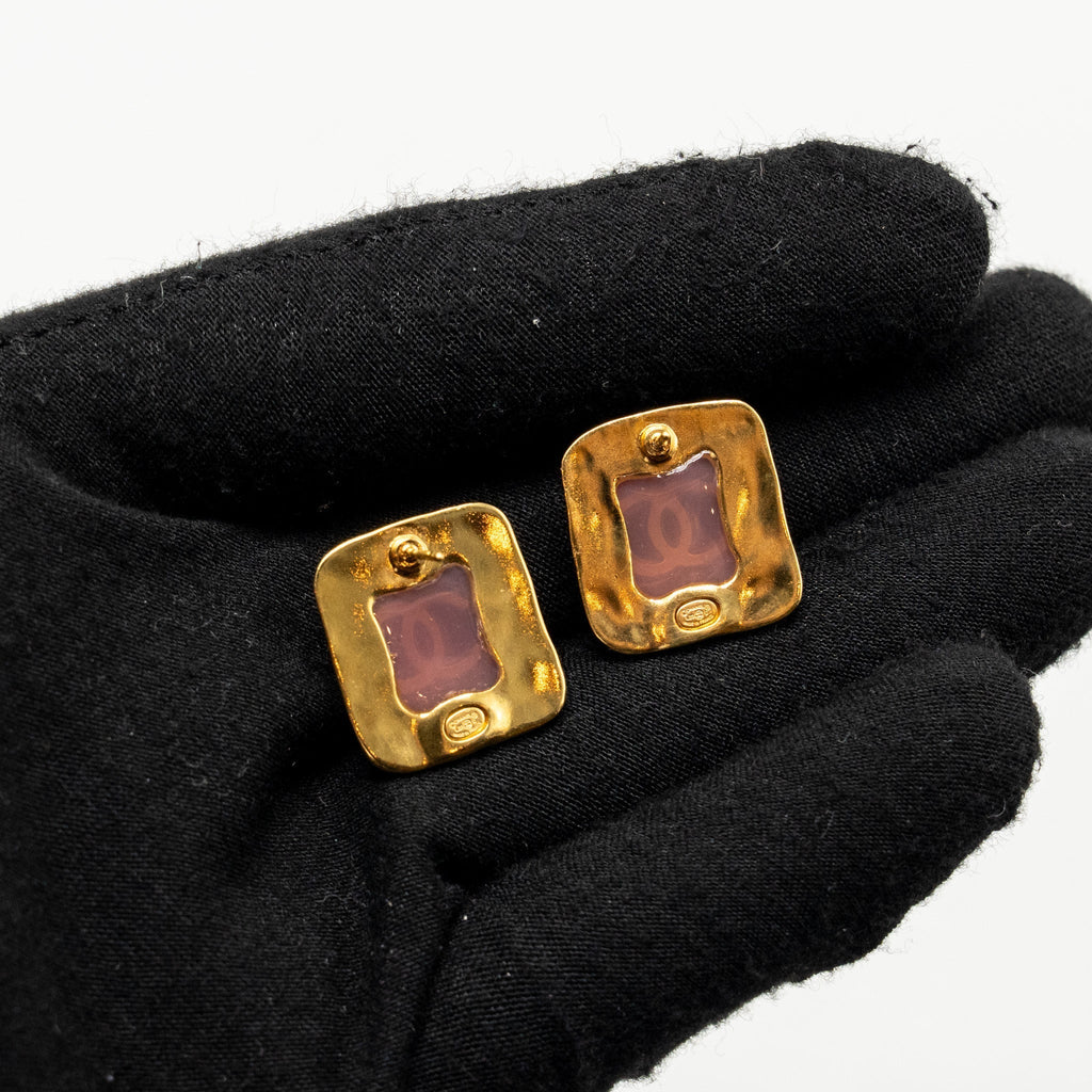 Chanel Pink Resin Square CC Earrings Gold Tone