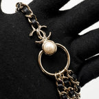 Chanel CC Leather Chain with Pearl Waist Chain Belt Black Light Gold Tone