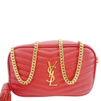 YVES SAINT LAURENT Lou Small Chevron Leather Camera Crossbody Bag Red