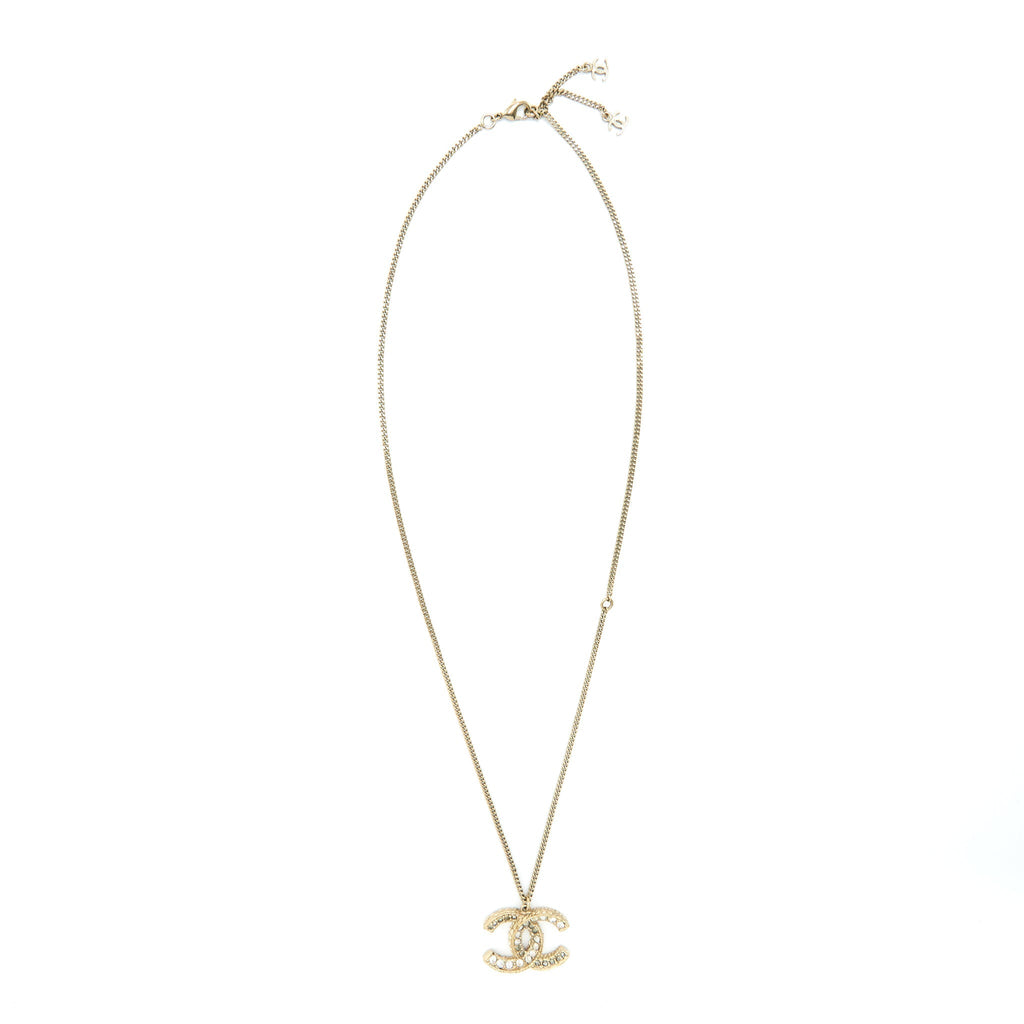 Chanel CC Logo With Crystal Necklace Light Gold Tone