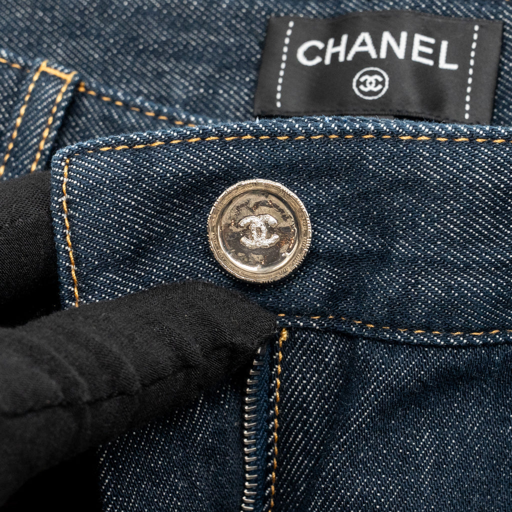 Chanel Size 38 CC Logo Washed Out Denim Jeans Cotton Dark Blue