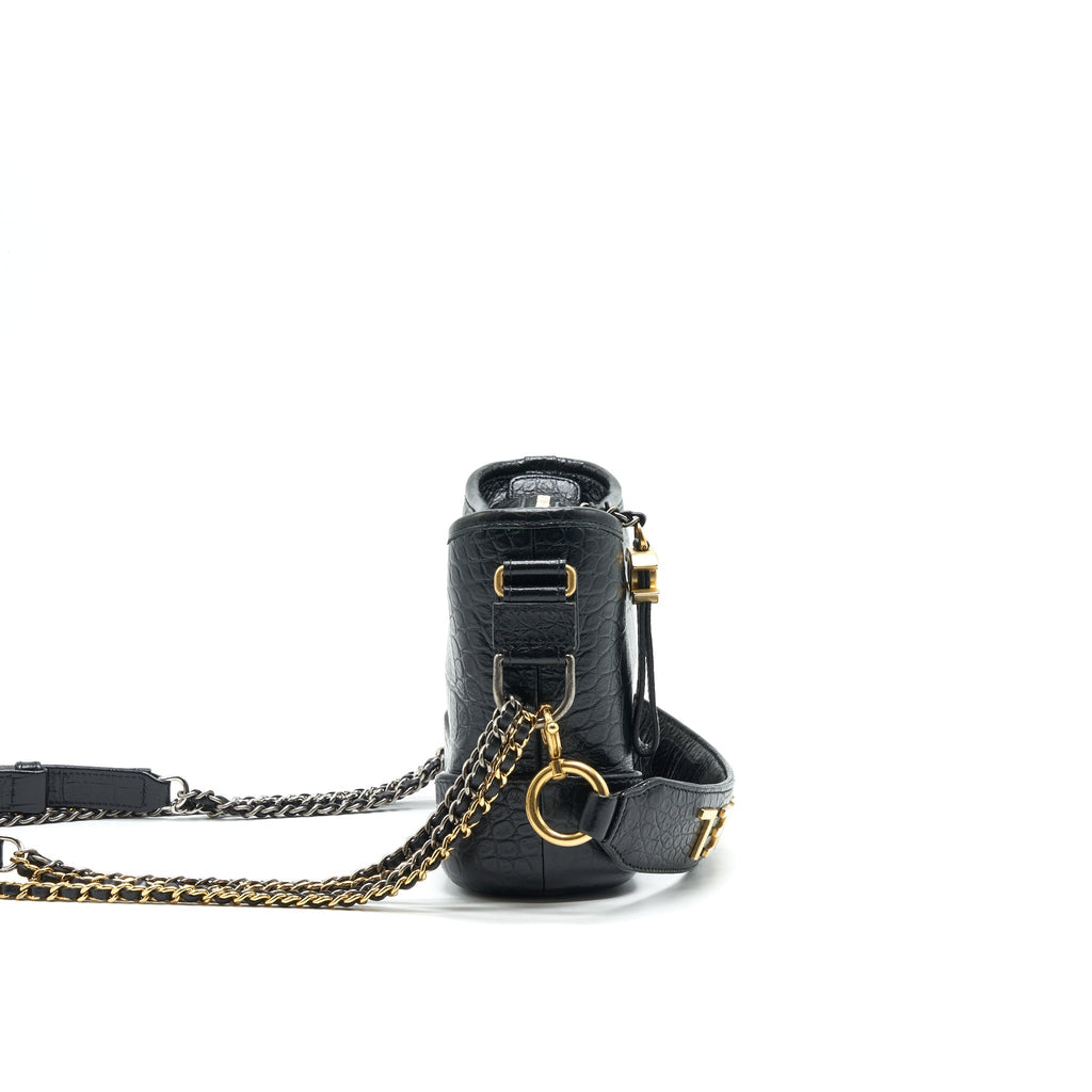 Chanel Small Gabrielle Hobo Bag Crocodile Embossed Calfskin Black