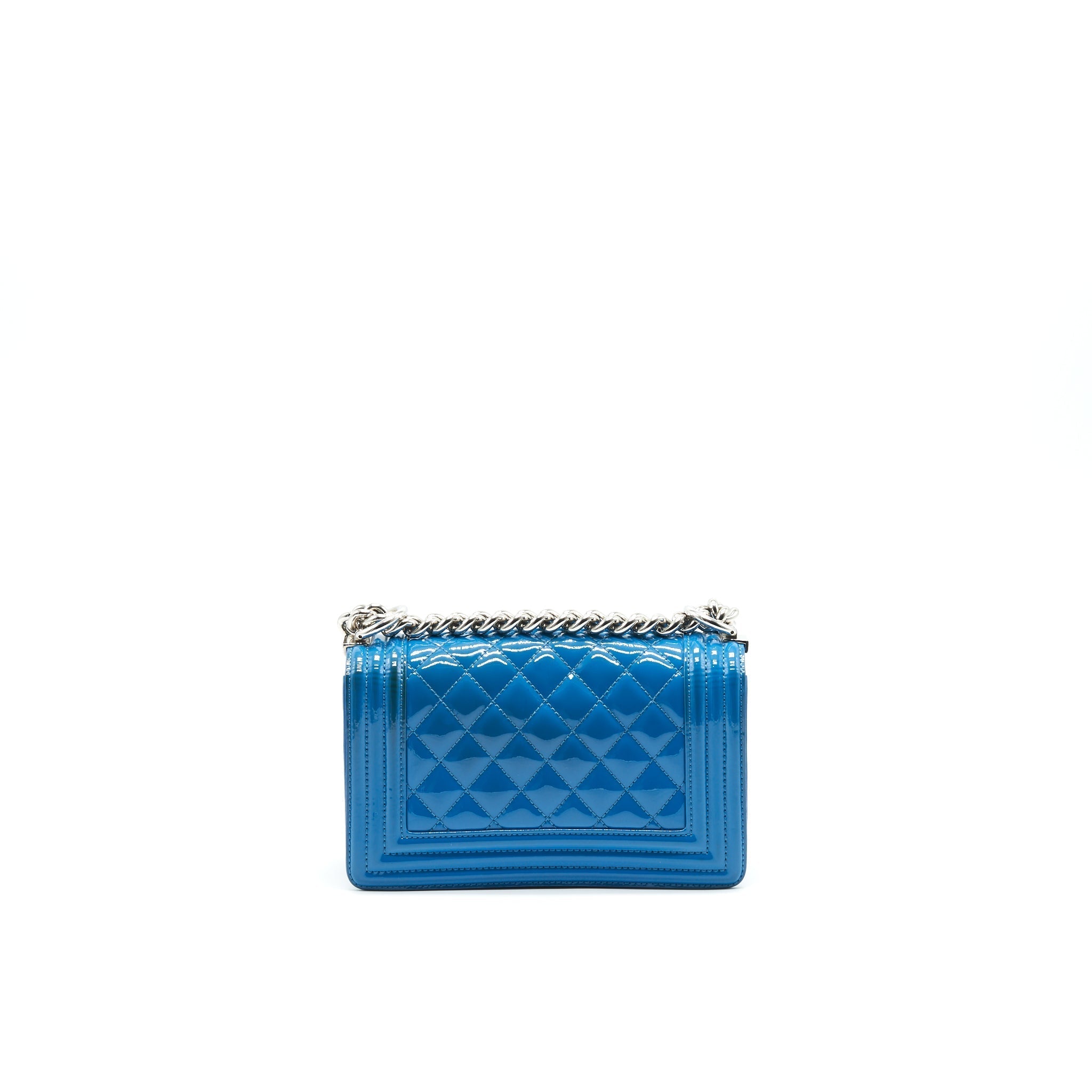 CHANEL SMALL LE BOY BAG IN PATENT LEATHER BLUE SHW
