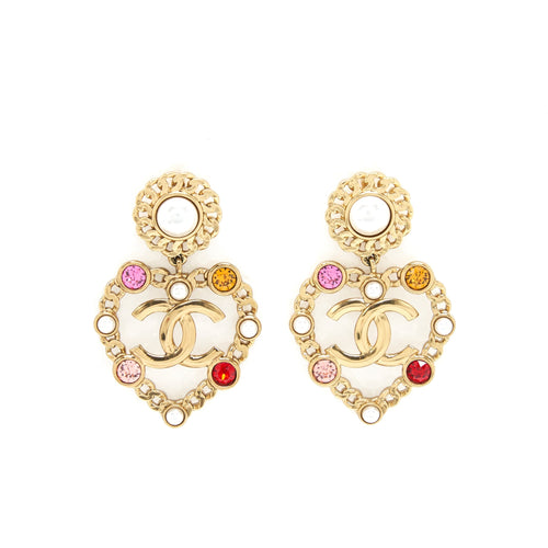 Chanel CC And Heart Giant Earrings Gold Tone