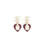 Chanel CC Logo And Heart Earrings Red And Light Gold Tone