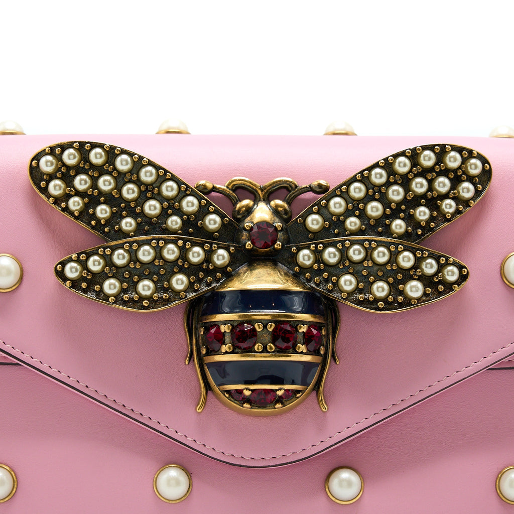 Gucci Pearl Studded Mini Broadway Bee Shoulder Bag Pink GHW