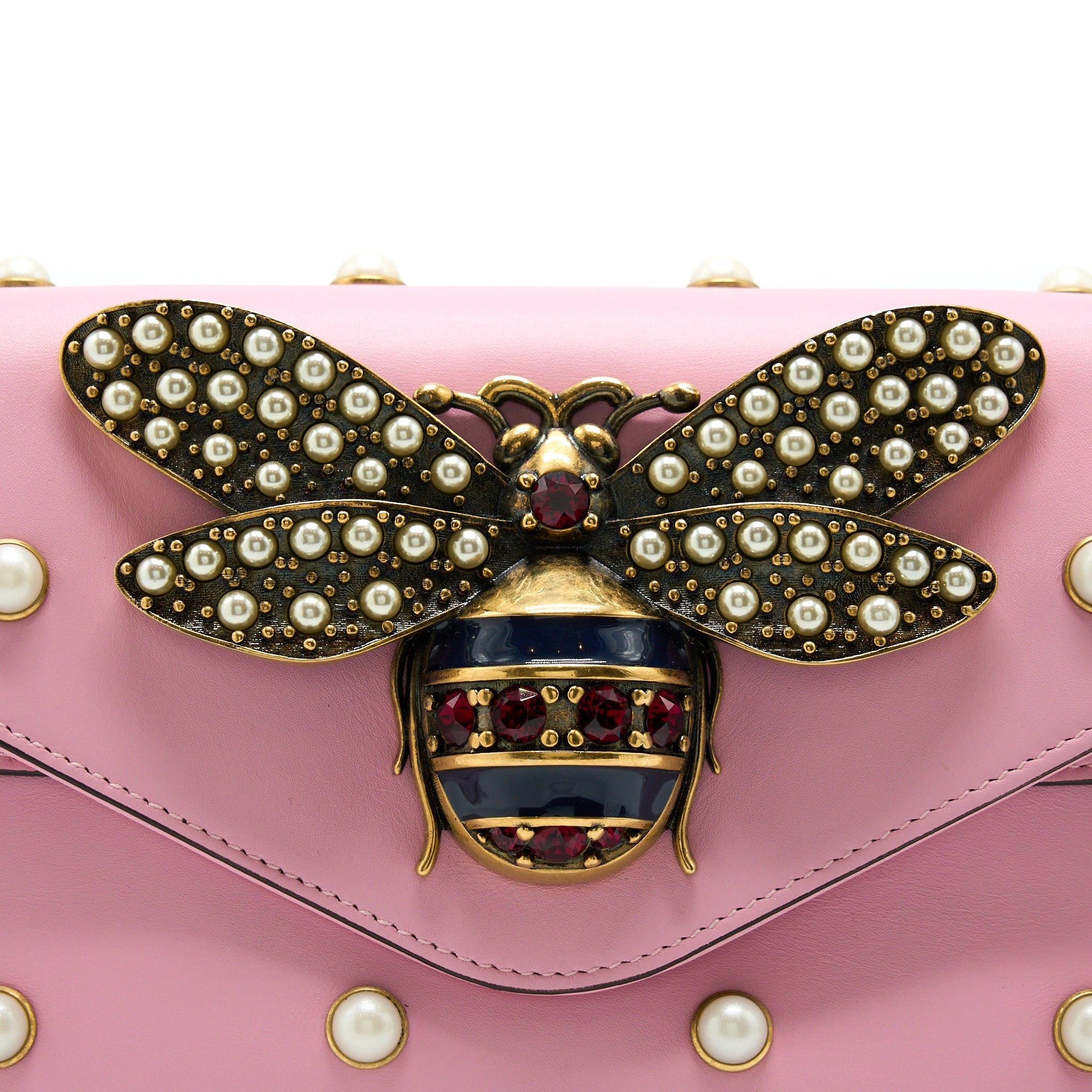 Gucci Pearl Studded Mini Broadway Bee Shoulder Bag Pink GHW