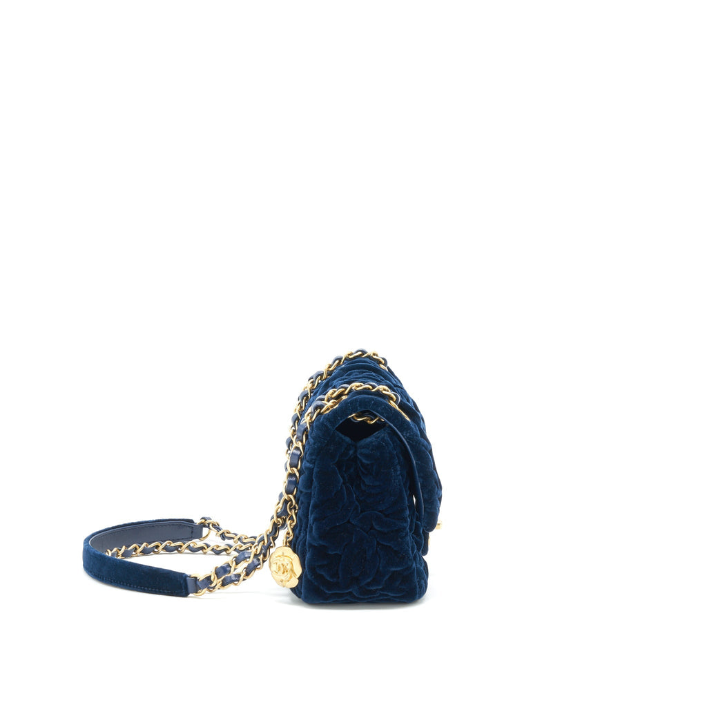 Chanel Velvet Camellia Embossed Mini Square Flap Bag Navy GHW (Microchip)