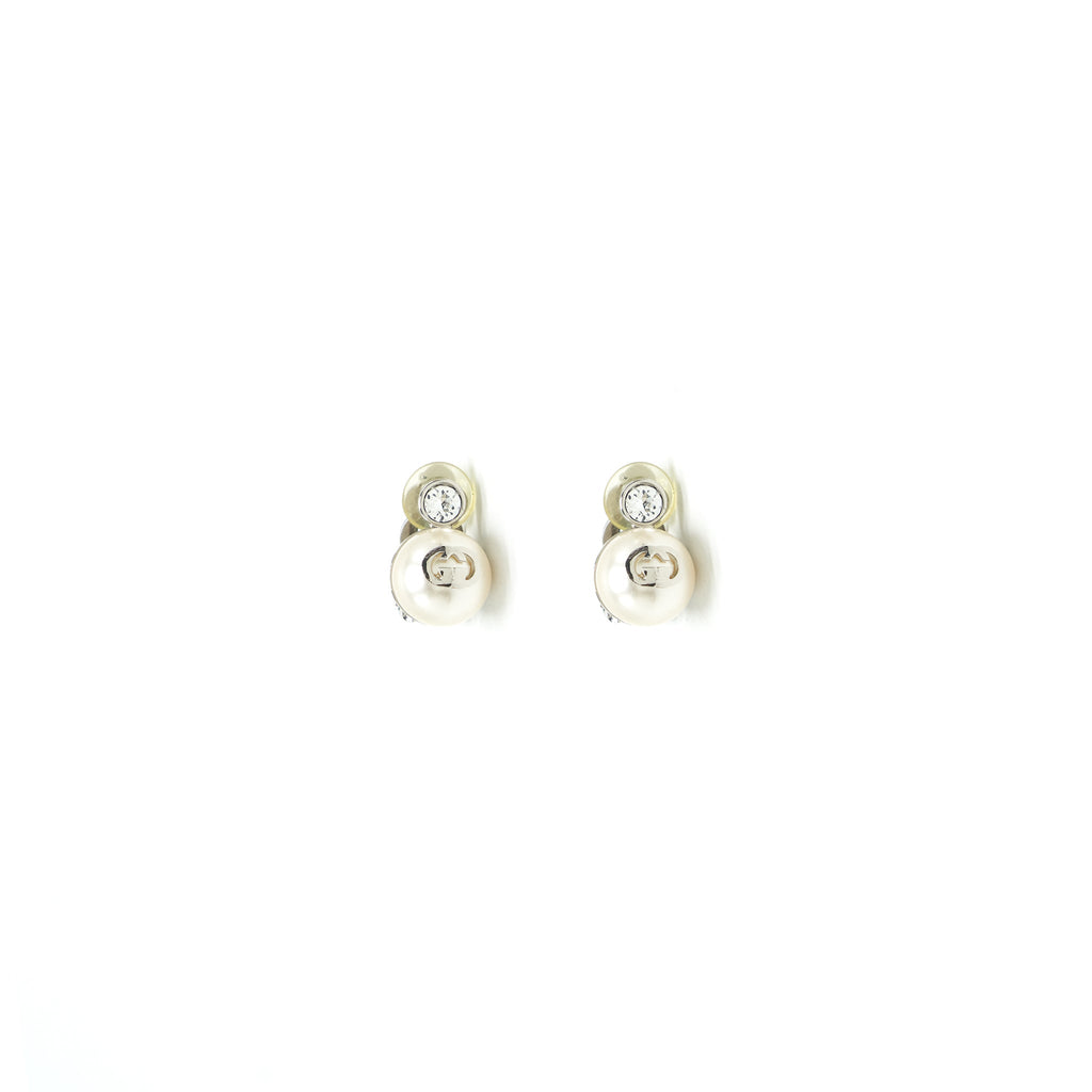 GUCCI GG Pearl with White Crystal Clip Earrings