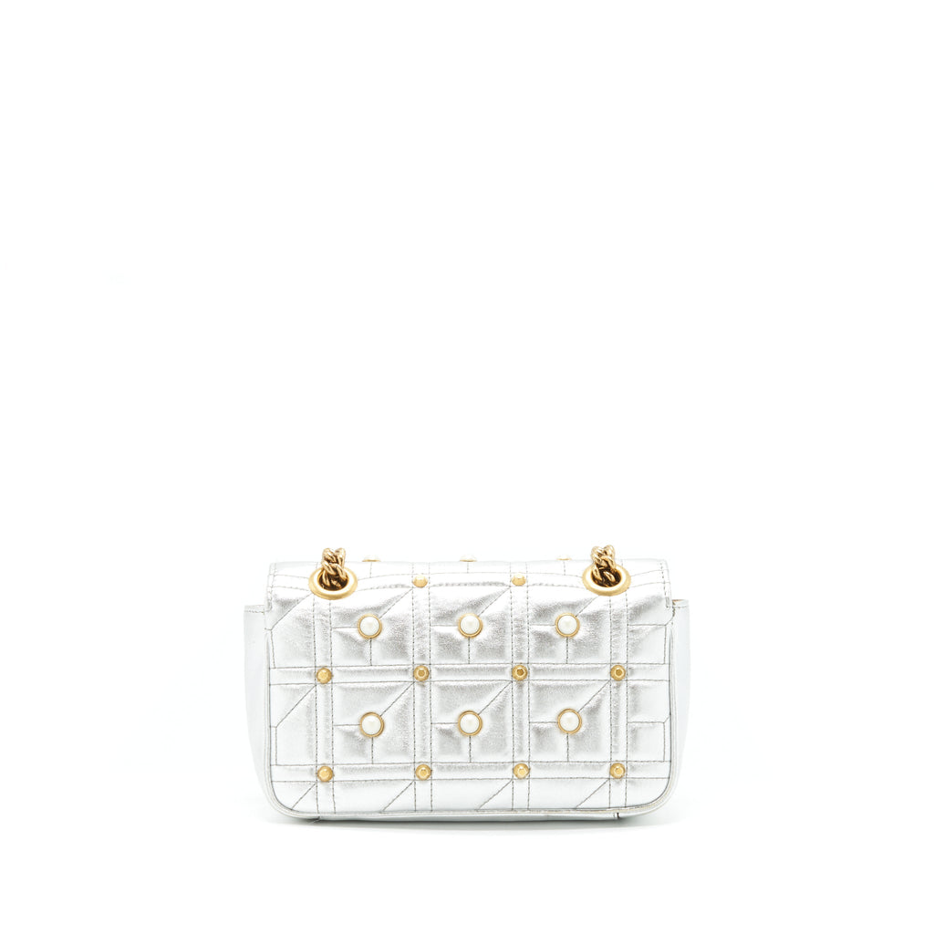 Gucci Mini GG Marmont Flap Bag Limited Edition Silver With Pearl/Gold Hardware