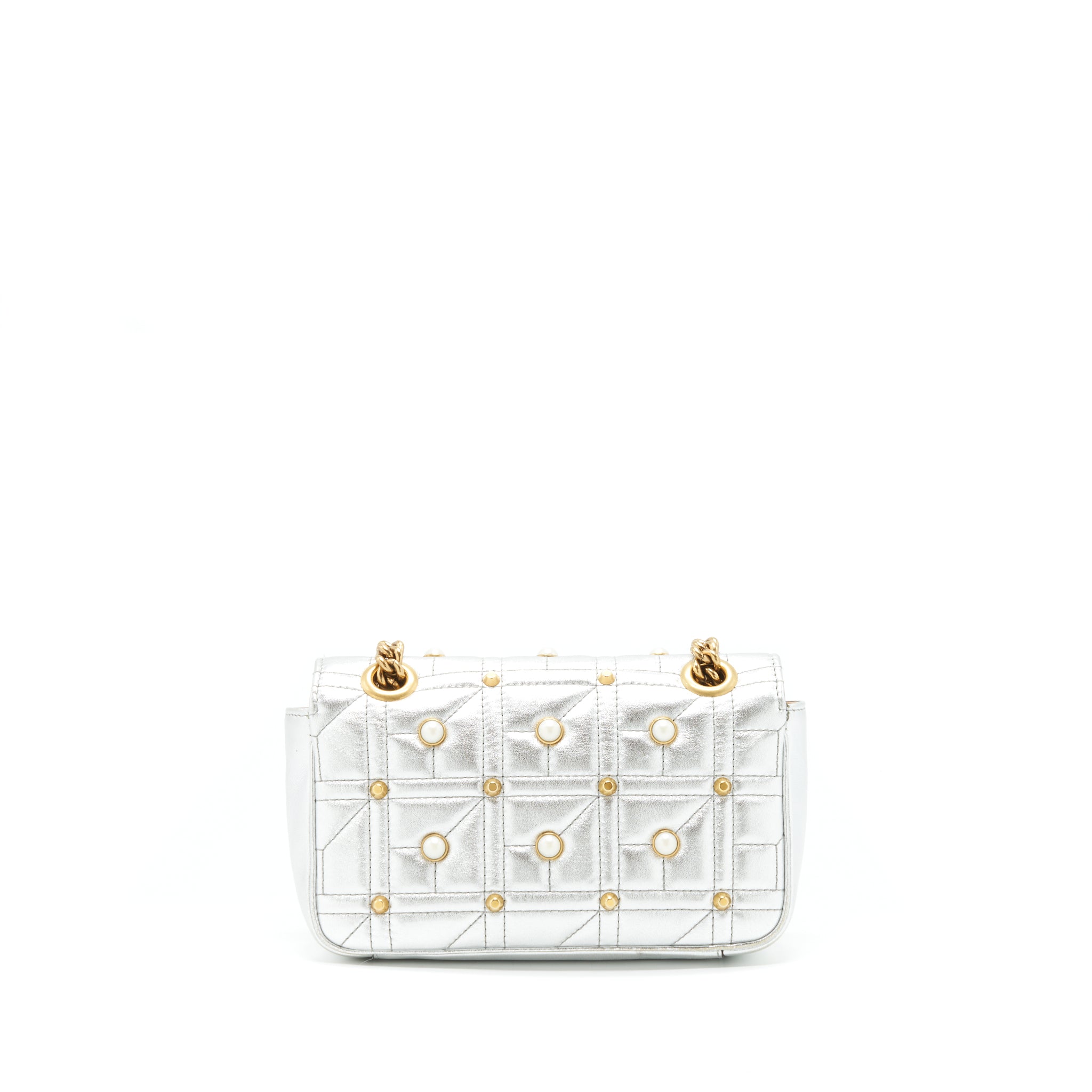 Gucci Mini GG Marmont Flap Bag Limited Edition Silver With Pearl/Gold Hardware