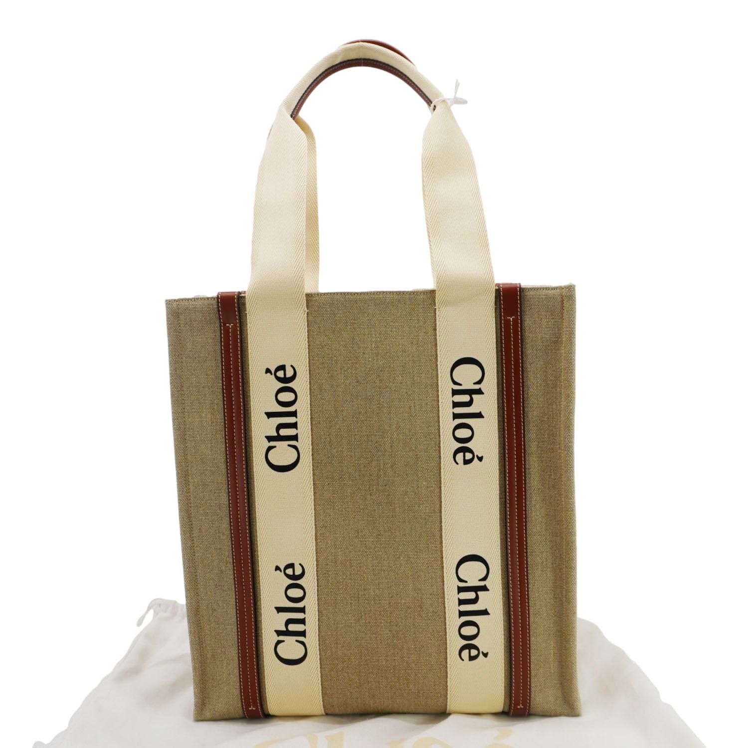 CHLOE Woody Striped Canvas Tote Bag Beige