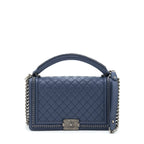 Chanel Boy Bag With Top Handle Navy Ruthenium Sliver Hardware