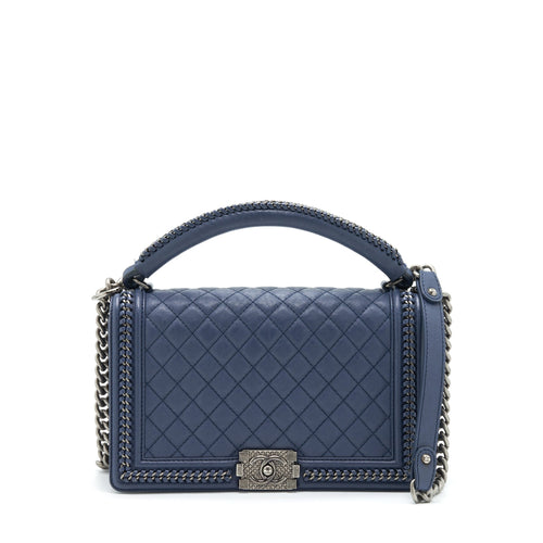 Chanel Boy Bag With Top Handle Navy Ruthenium Sliver Hardware