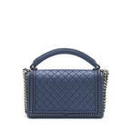 Chanel Boy Bag With Top Handle Navy Ruthenium Sliver Hardware
