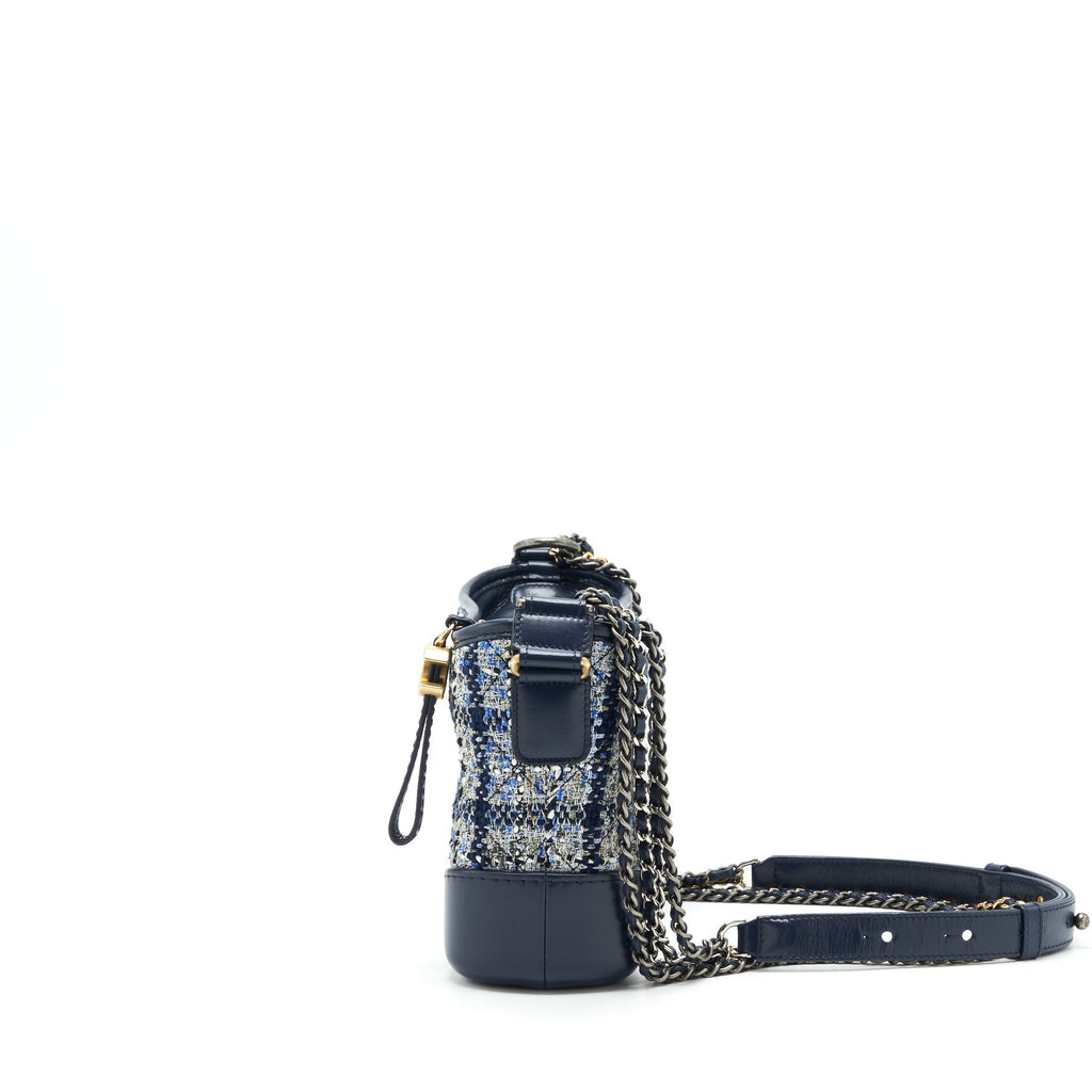 Chanel Small Gabrielle Hobo Bag Tweed Blue With Multi Colour Hardware