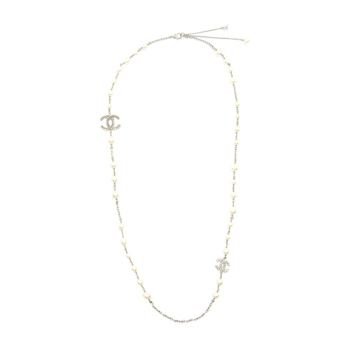 Chanel CC Logo And Pearl Long Necklace Silver Tone
