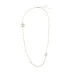 Chanel CC Logo And Pearl Long Necklace Silver Tone