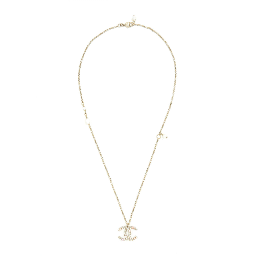 Chanel CC Logo And Pearl Necklace Light Gold Tone