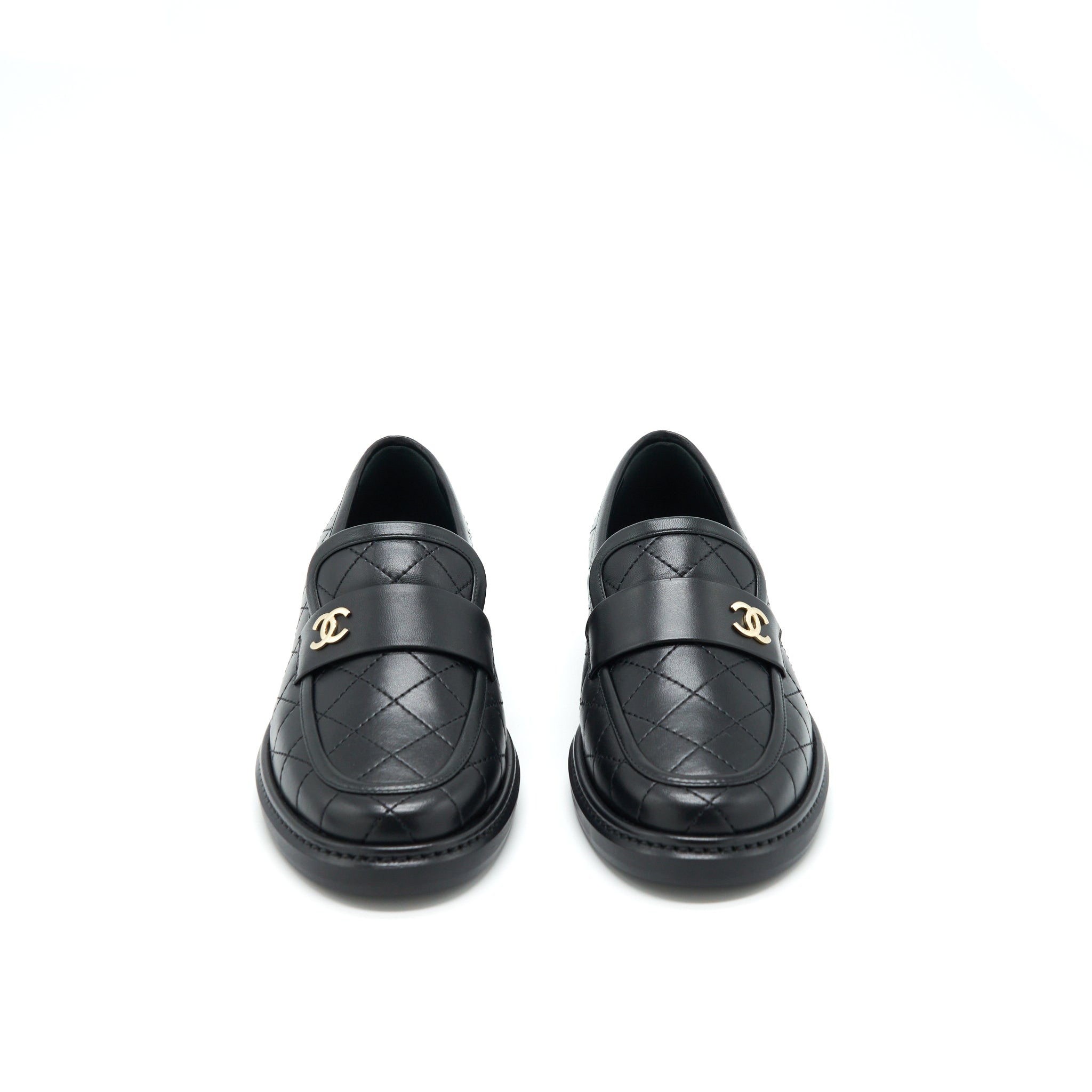 Chanel Size 37 Quilted Leather With CC Logo Loafer Black LGHW