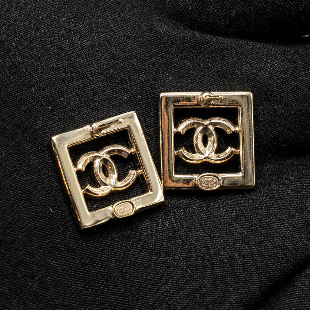 Chanel CC Logo Square Earrings Crystal Light Gold Tone