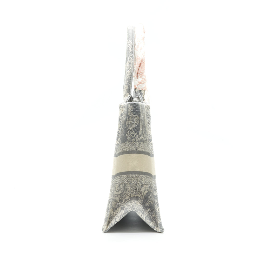 Dior Medium (Old Small) Book Tote Grey Toile De Jouy Reverse Embroidery With An Extra Twilly