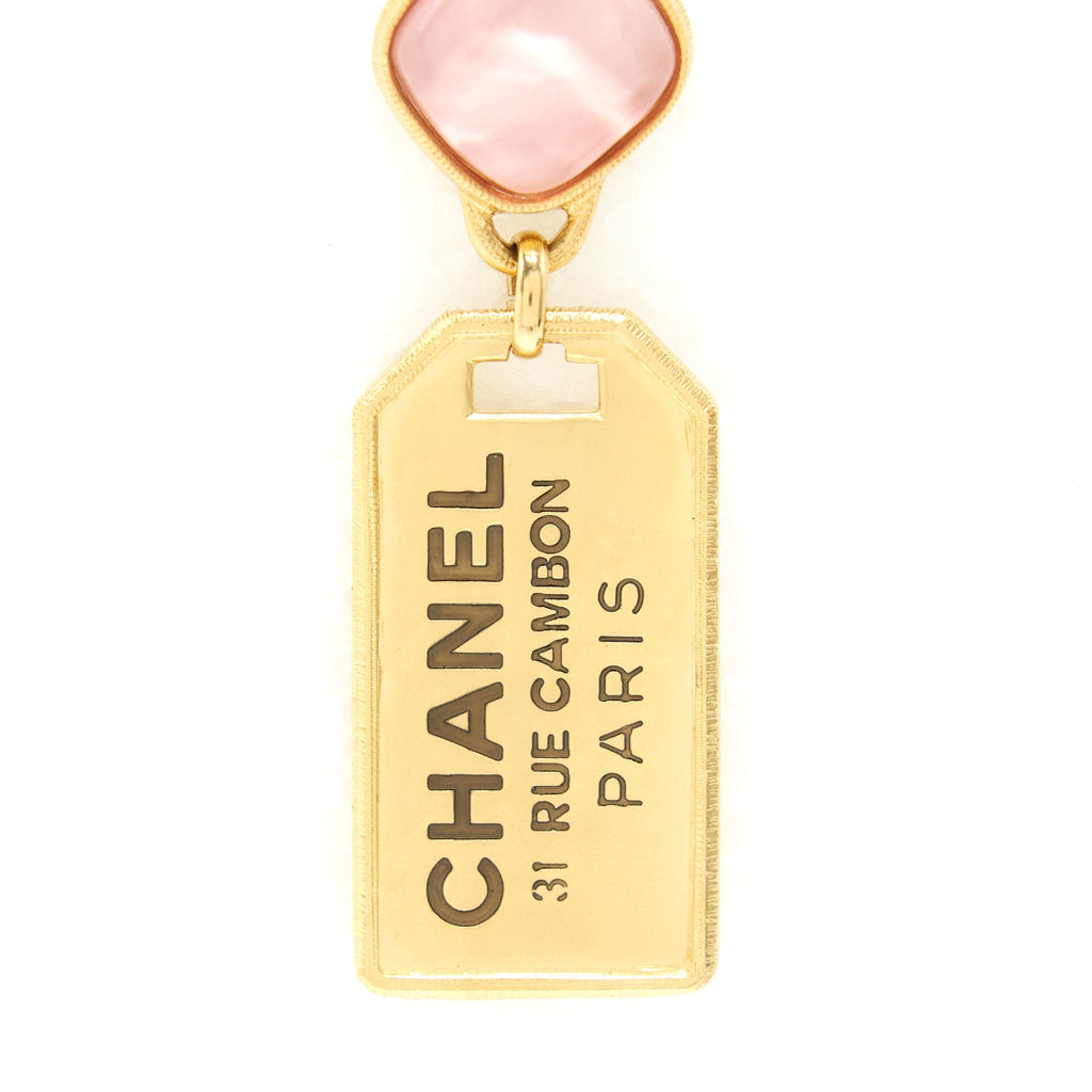 Chanel New Rue Cambon Gold With Pink Stone Drop Earrings