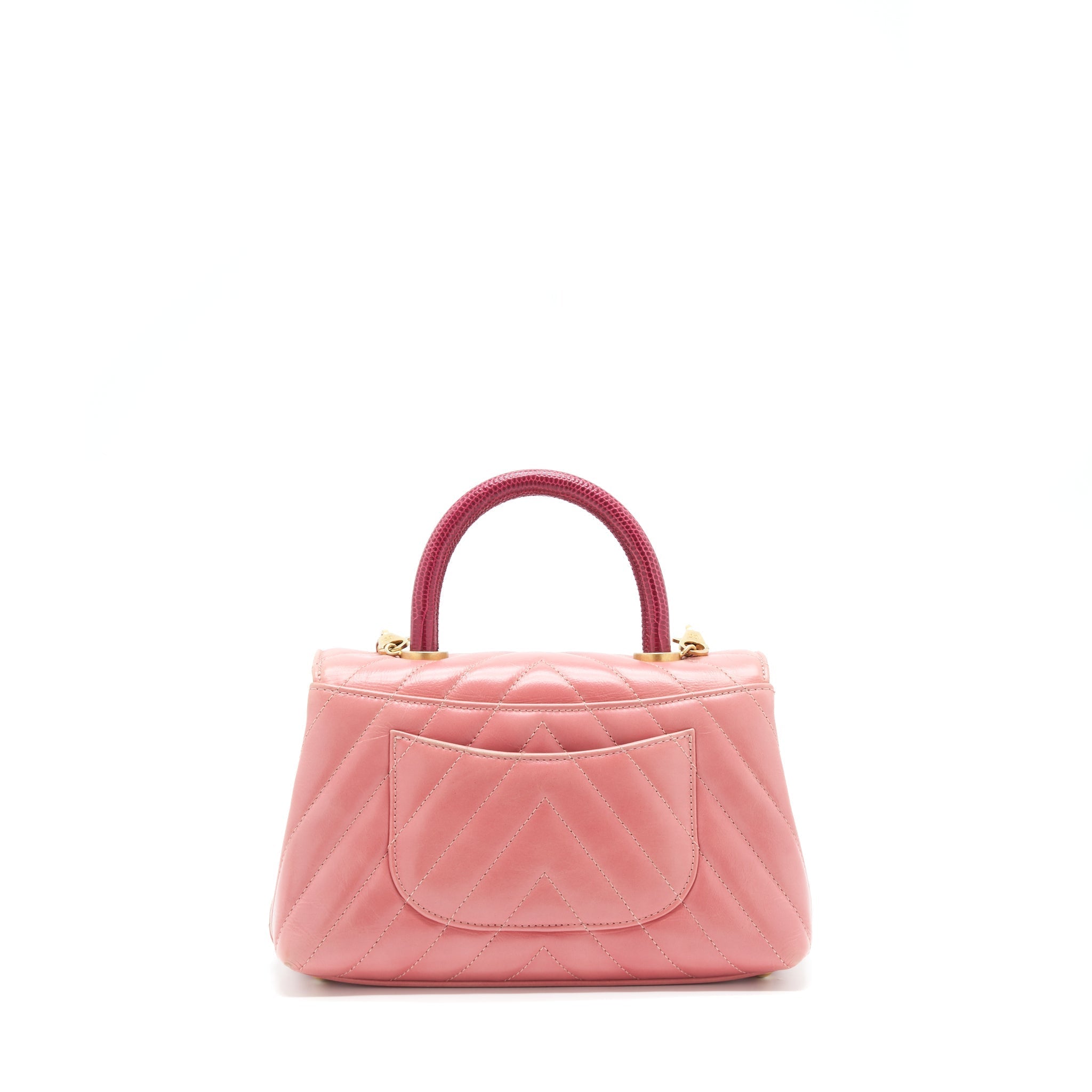 Chanel Small Coco Handle Chevron Calfskin With Lizard Handle Pink GHW
