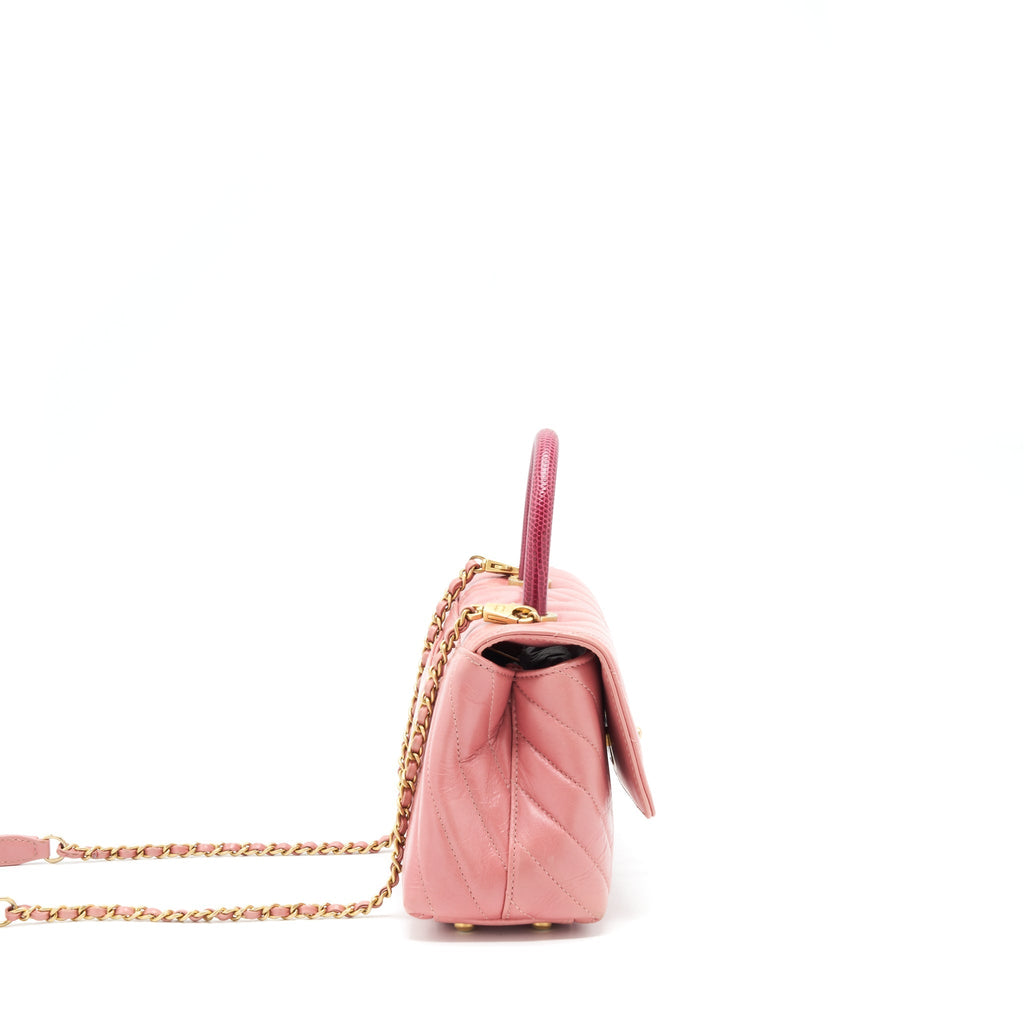 Chanel Small Coco Handle Chevron Calfskin With Lizard Handle Pink GHW