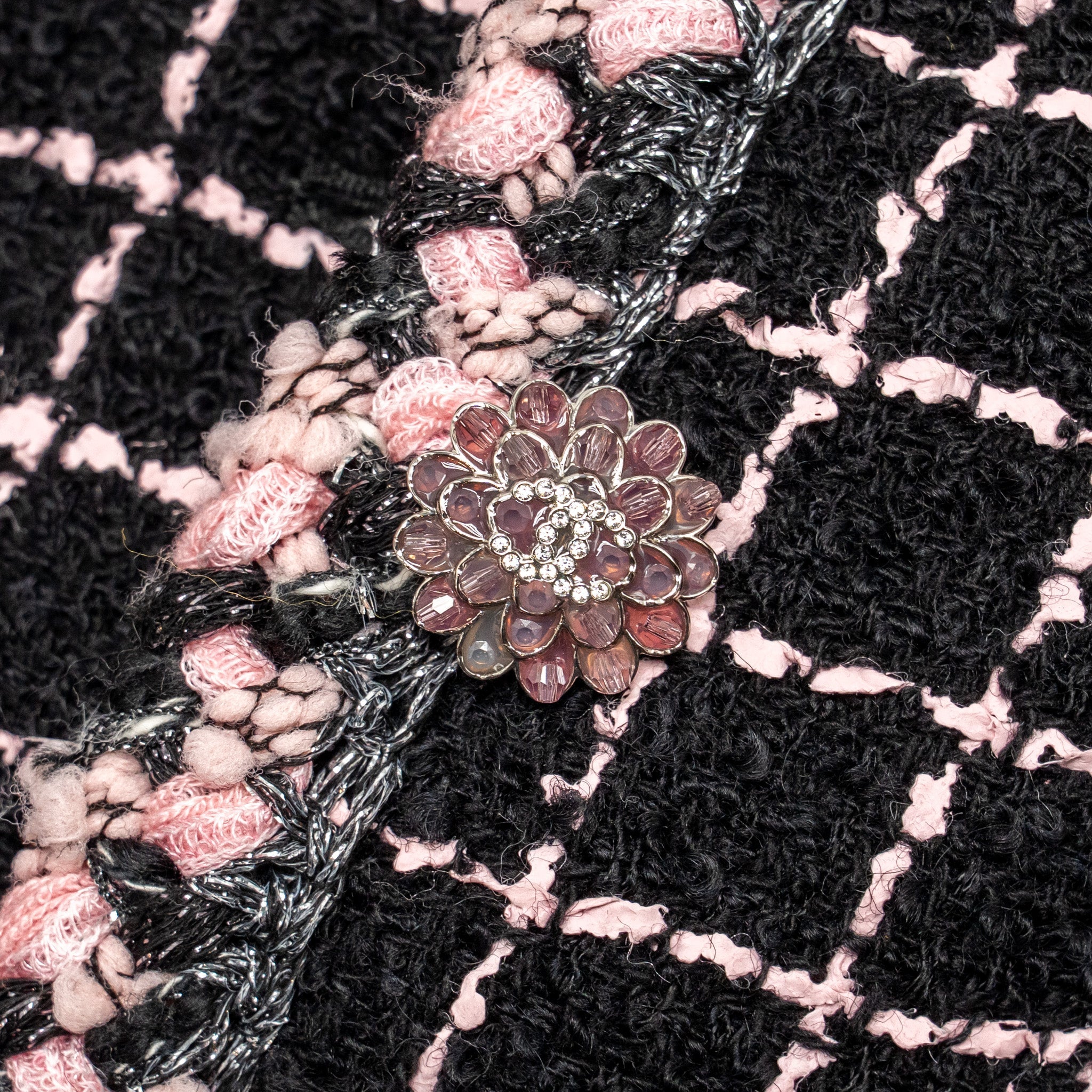 Chanel Size 36 Camellia Detailed Button Tweed Jacket Wool/Polyamide Black/Pink