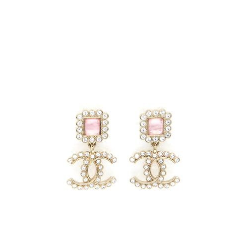 Chanel Crystal CC Drop Earrings With Pink Stud LGHW
