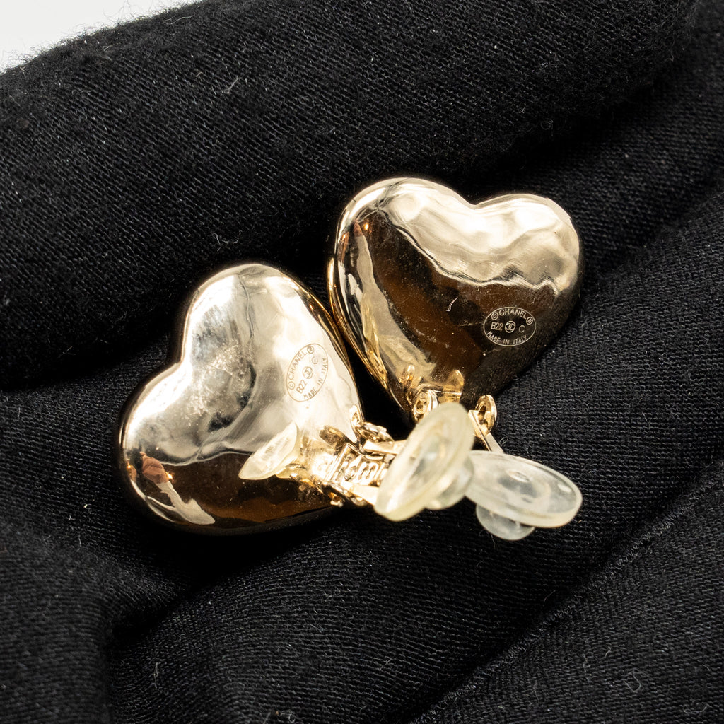 Chanel Pearly Heart Shape CC Logo Ear Clips Gold Tone