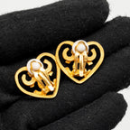 Chanel Vintage Heart Shape CC Logo Ear Clips Gold Tone