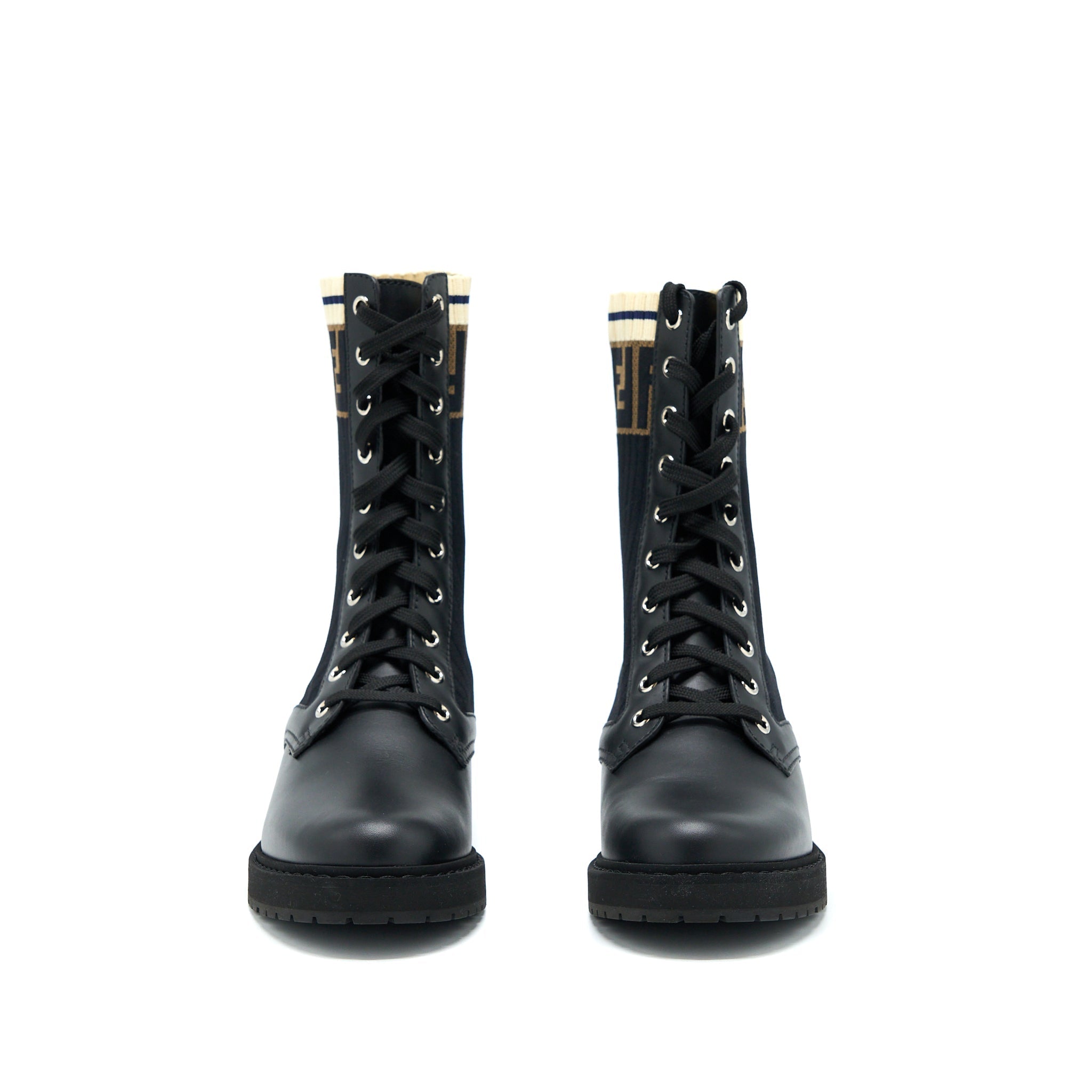 FENDI Size 37 Black Leather Biker Boots With Stretch Fabric SHW