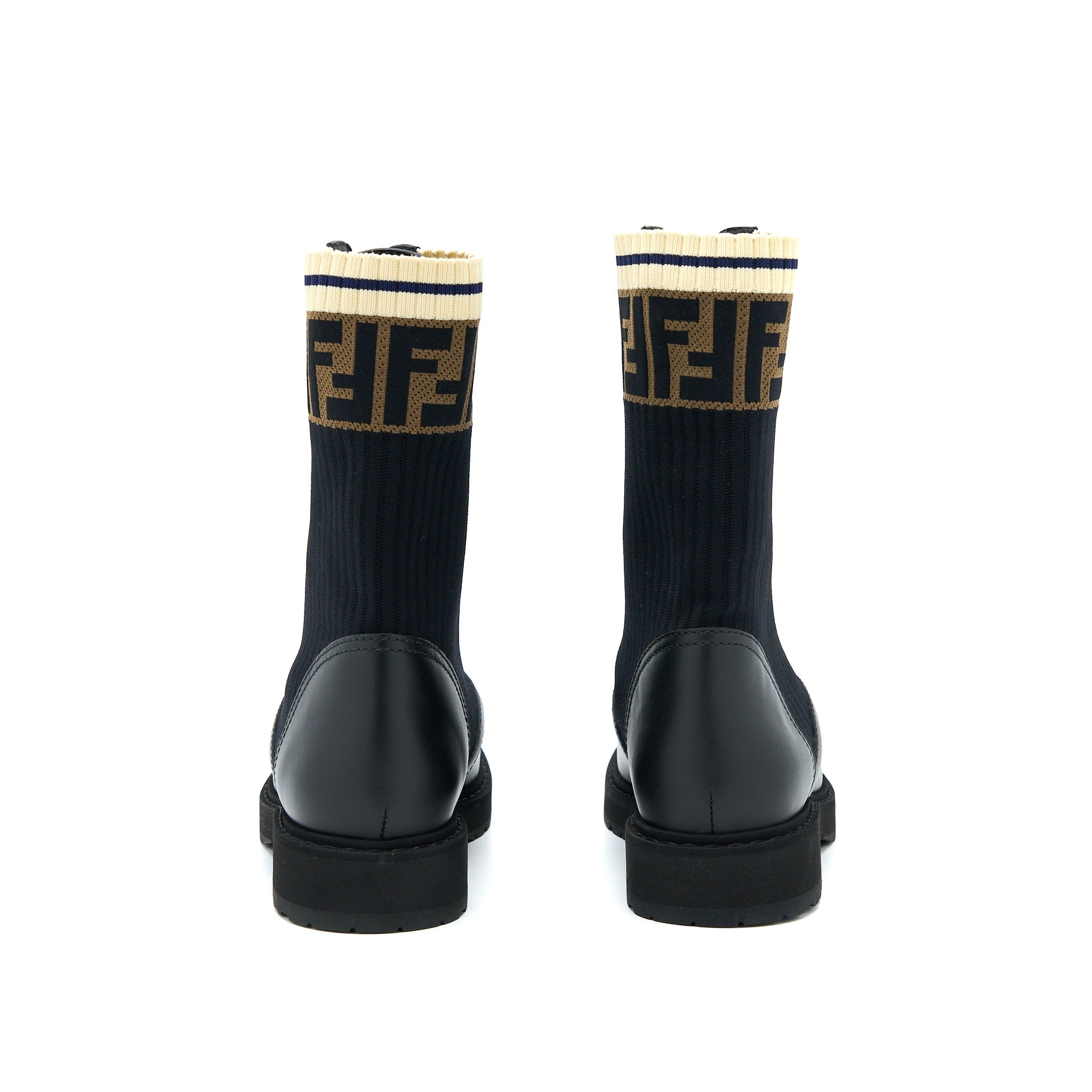 FENDI Size 37 Black Leather Biker Boots With Stretch Fabric SHW