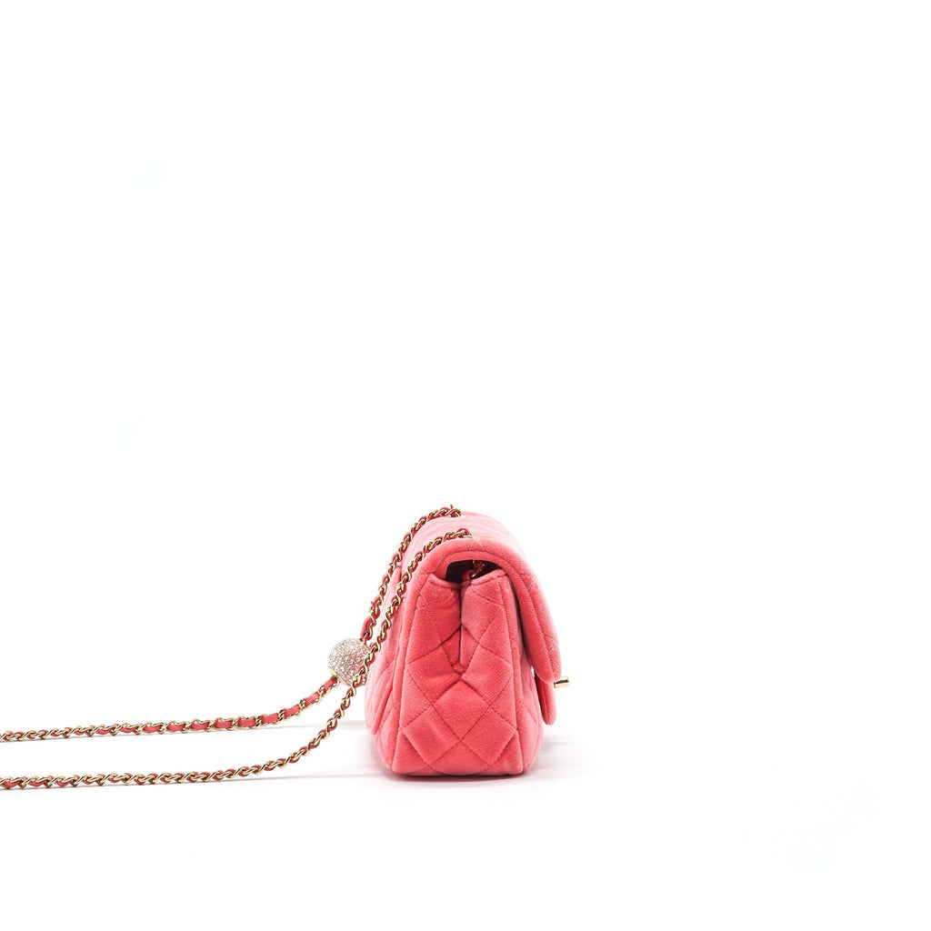 CHANEL Velvet Quilted Mini Square Pearl Crush Flap Bag Pink