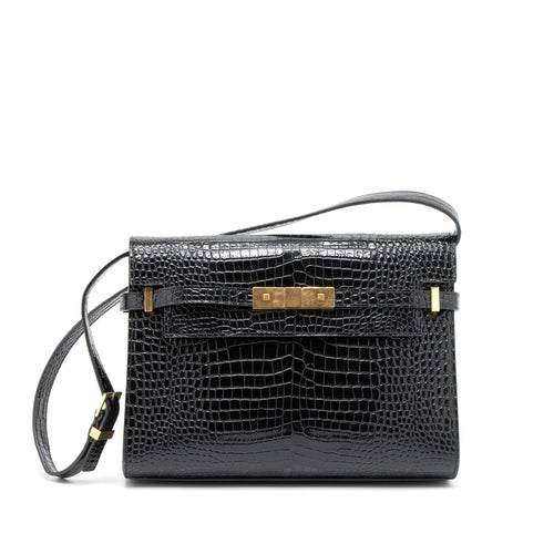 Saint Laurent Manhattan Shoulder Bag Crocodile-Embossed Black GHW