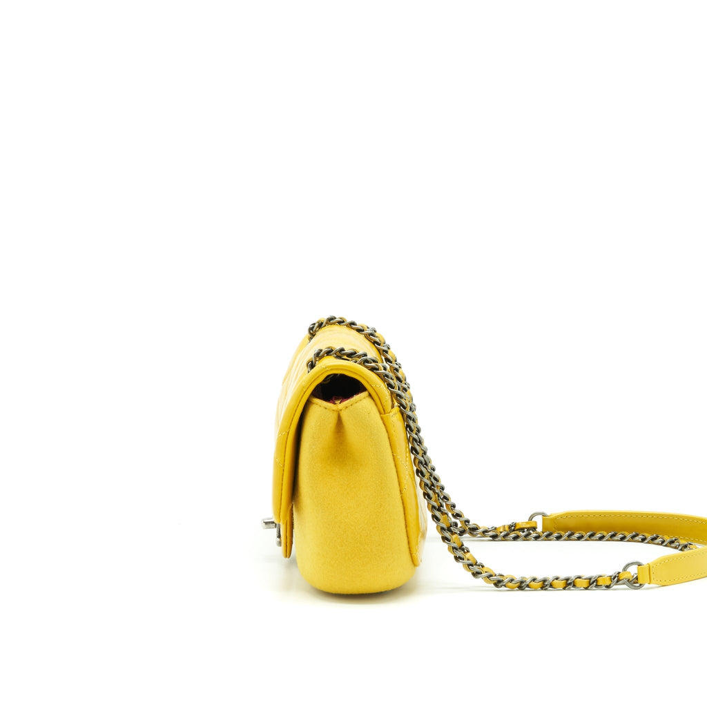 Chanel Seasonal Limited Flap Bag Leather And Fabric Yellow With Ruthenium Hardware