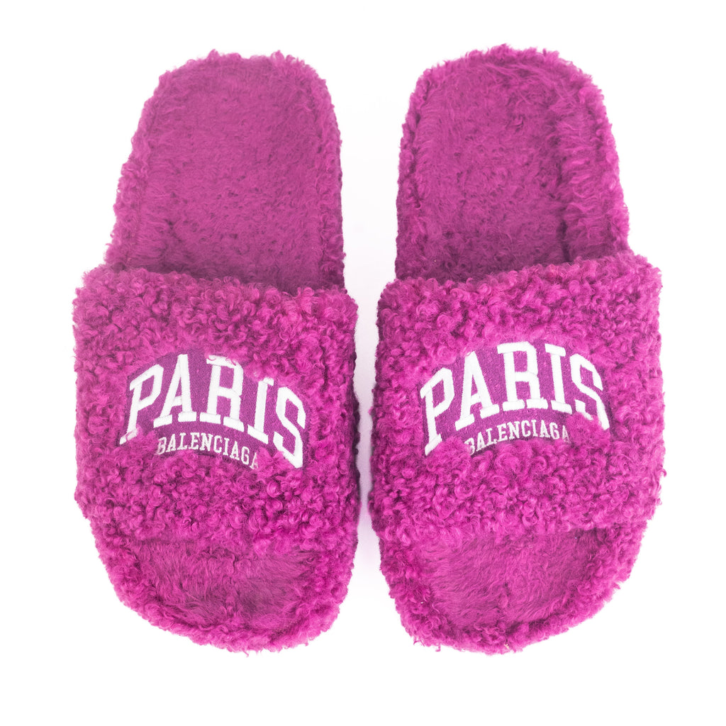 Balenciaga Furry Slide Sandal in Dark Fuschia