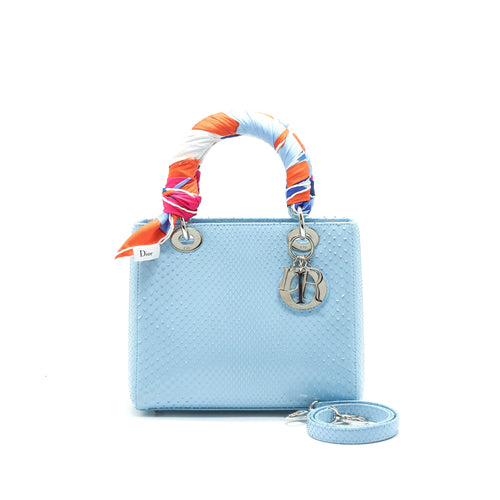 CHRISTIAN DIOR PYTHON MEDIUM LADY DIOR BAG SKYBLUE SHW WITH SMALL SCARF