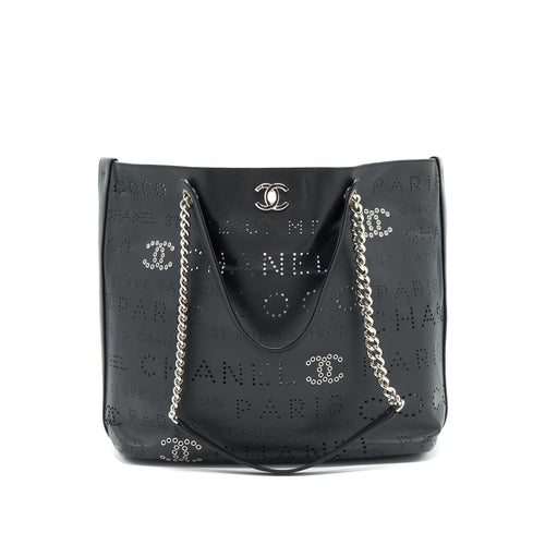 Chanel Eyelet Logo Calfskin Tote Bag Black/ Blue SHW