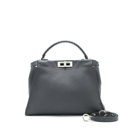 Fendi Grained Calfskin Medium Peekaboo Tote Bag Dark Grey SHW