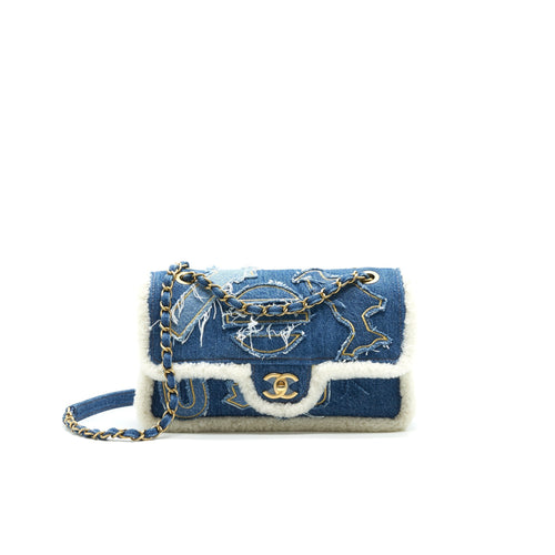 CHANEL Denim Shearling Hieroglyph Flap Blue
