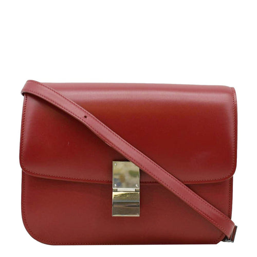 CELINE Classic Box Medium Leather Flap Shoulder Bag Red