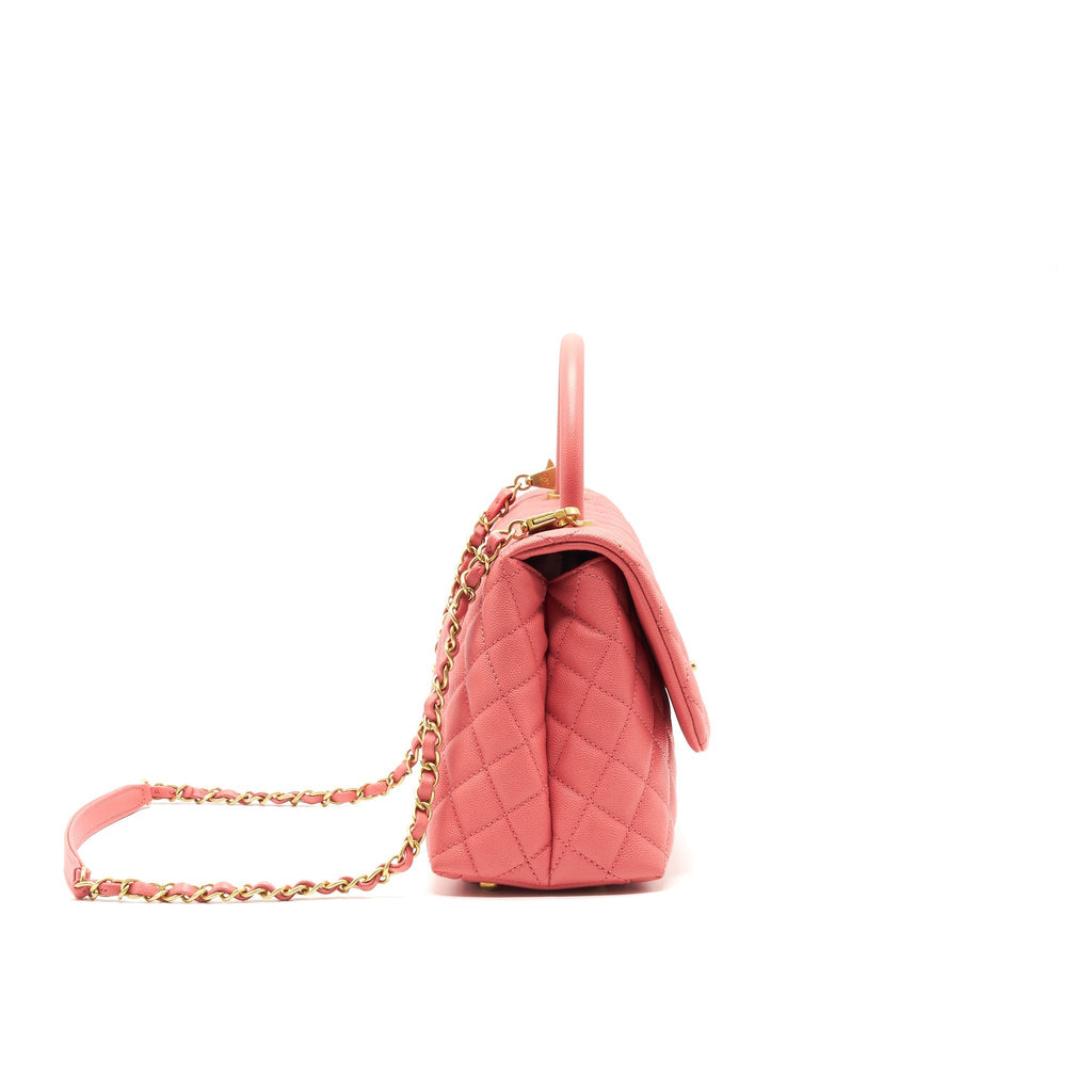 CHANEL SMALL COCO HANDLE FLAP BAG GRAINED CALFSKIN IN CORAL PINK GHW