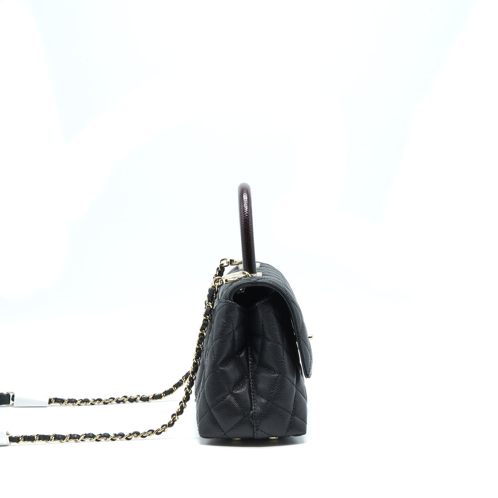Chanel Small Coco Handle Caviar Black LGHW With Red Embossed Handle