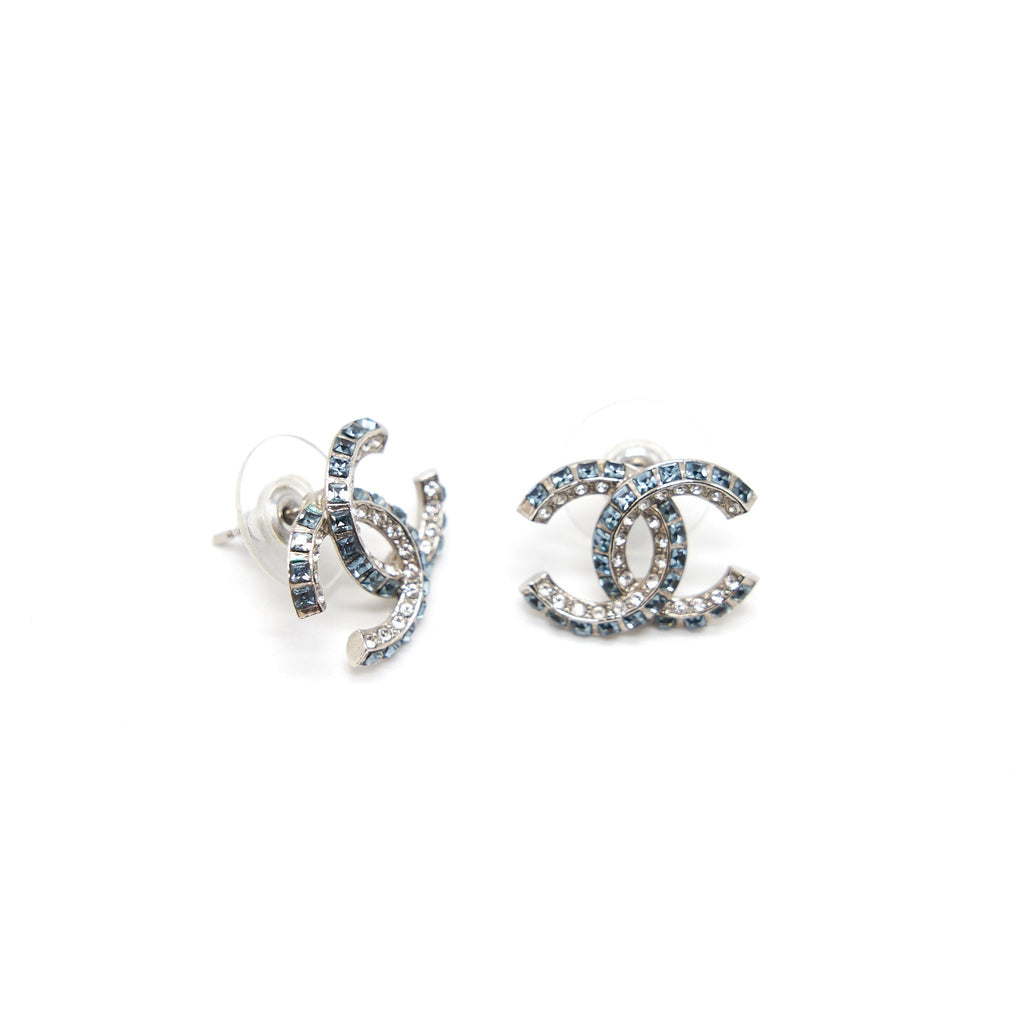 Chanel CC Crystal Stud Earrings in Blue and White Crystals
