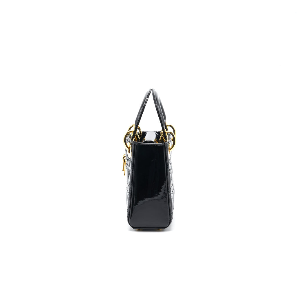 DIOR MINI LADY DIOR PATENT LEATHER BLACK WITH GOLD CHAIN